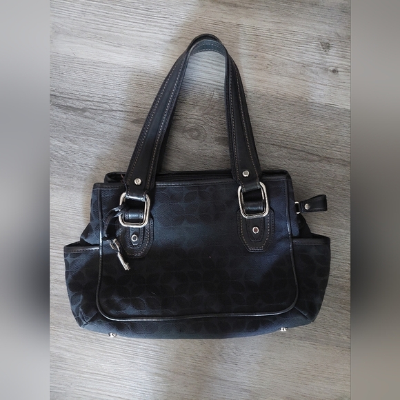 Vintage Fossil black Canvas & leather 2 strap shoulder bag purse w/ Key charm - Picture 1 of 11